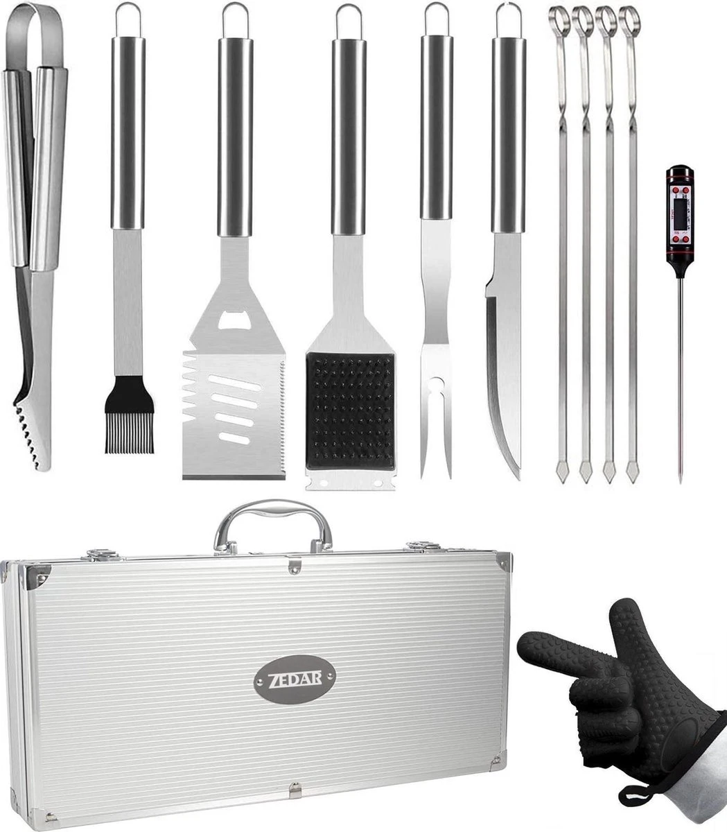 BBQ Accesoires Set Met Thermometer, Handschoenen, Bbq Tang, Bbq Borstel Van Zedar 1 BBQ Accesoires Set Met Thermometer, Handschoenen, Bbq Tang, Bbq Borstel Van Zedar