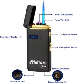 MELTAZO Elektrische Aansteker, Aansteker Gas, Electric Lighter, Gasaansteker Navulbaar, Elektronische Aansteker, Aansteker Plasma, Aansteker Vuurwerk, USB Aansteker Plasma, 2-in-1 Aansteker Voor Sigaretten Camping Kaarsen - 2023 Editie -Barbecue Verkoop 1112x1200