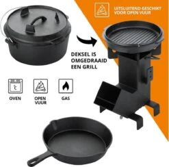 Dutch Mountains Gietijzeren Pannenset 7-delig - Dutch Oven – Braadpan - Grillpan - Hapjespan - Kookset In Houten Transportkist - Deksellifter - Brander -Barbecue Verkoop 1200x1185 1