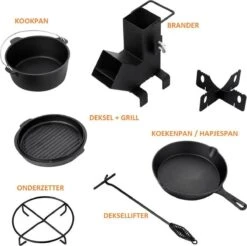 Dutch Mountains Gietijzeren Pannenset 7-delig - Dutch Oven – Braadpan - Grillpan - Hapjespan - Kookset In Houten Transportkist - Deksellifter - Brander -Barbecue Verkoop 1200x1197 4