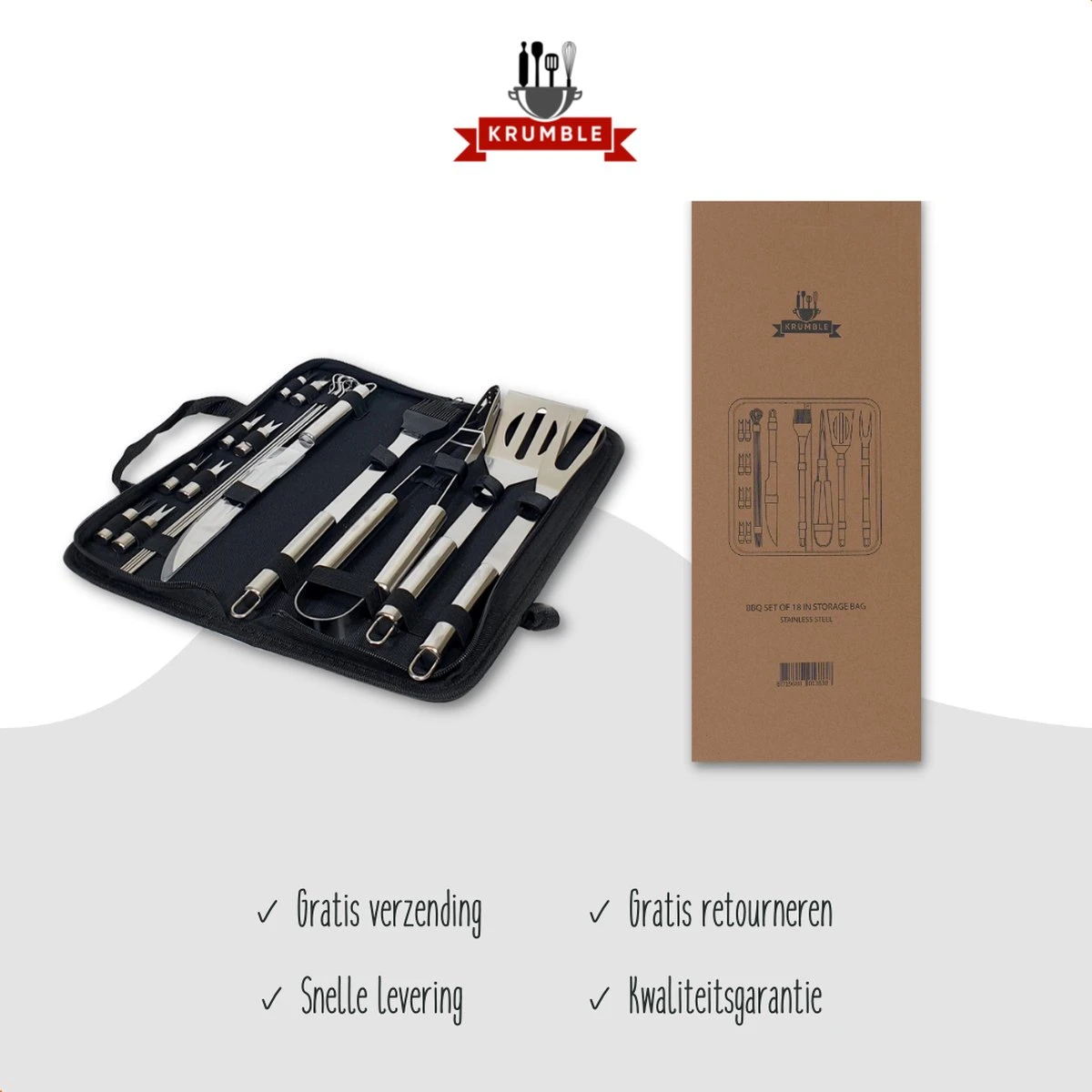 Krumble 18-delige Barbecue Set / Roestvrijstalen BBQ Set Van 18 / Inclusief Handige Opbergtas - RVS 6 Krumble 18-delige Barbecue Set / Roestvrijstalen BBQ Set Van 18 / Inclusief Handige Opbergtas - RVS - Afbeelding 6