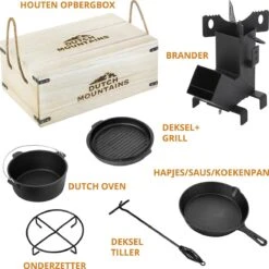 Dutch Mountains Gietijzeren Pannenset 7-delig - Dutch Oven – Braadpan - Grillpan - Hapjespan - Kookset In Houten Transportkist - Deksellifter - Brander -Barbecue Verkoop 1200x1200 417