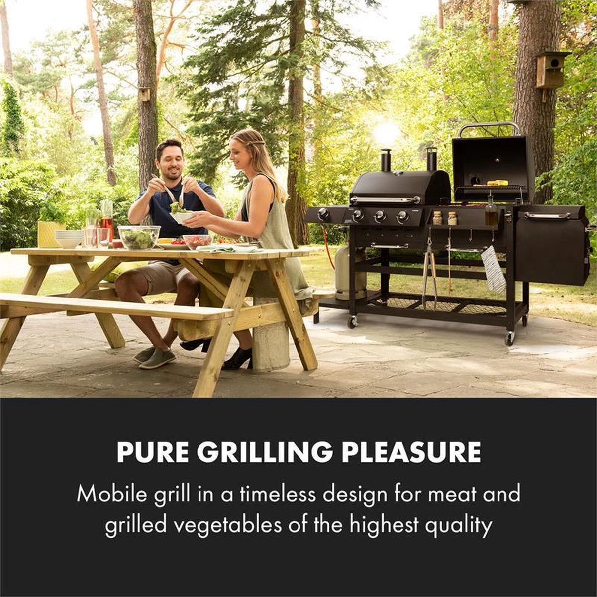 Klarstein Kingsville Double Barbecue - Houtskool- En Gasbarbecue - Smoker BBQ - Inclusief Deksels En Thermometer - Met 2 Roosters - Zwart 2 Klarstein Kingsville Double Barbecue - Houtskool- En Gasbarbecue - Smoker BBQ - Inclusief Deksels En Thermometer - Met 2 Roosters - Zwart - Afbeelding 2