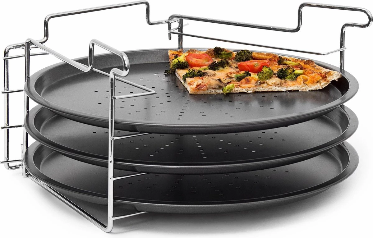 Relaxdays 3 Pizaplaten Met Pizzarek, Pizza Bakplaat Rond 33 Cm, Pizzaplaat 3stuk 1 Relaxdays 3 Pizaplaten Met Pizzarek, Pizza Bakplaat Rond 33 Cm, Pizzaplaat 3stuk