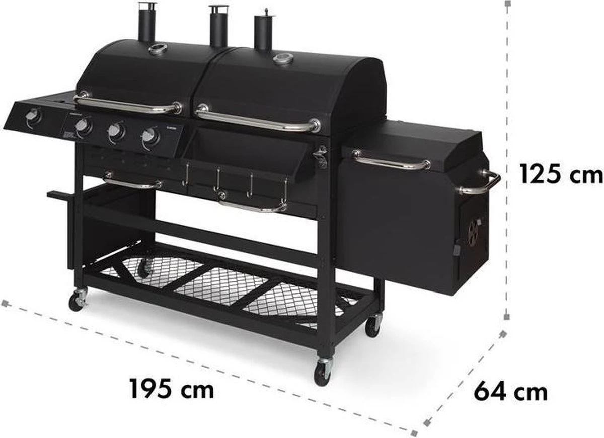 Klarstein Kingsville Double Barbecue - Houtskool- En Gasbarbecue - Smoker BBQ - Inclusief Deksels En Thermometer - Met 2 Roosters - Zwart 1 Klarstein Kingsville Double Barbecue - Houtskool- En Gasbarbecue - Smoker BBQ - Inclusief Deksels En Thermometer - Met 2 Roosters - Zwart